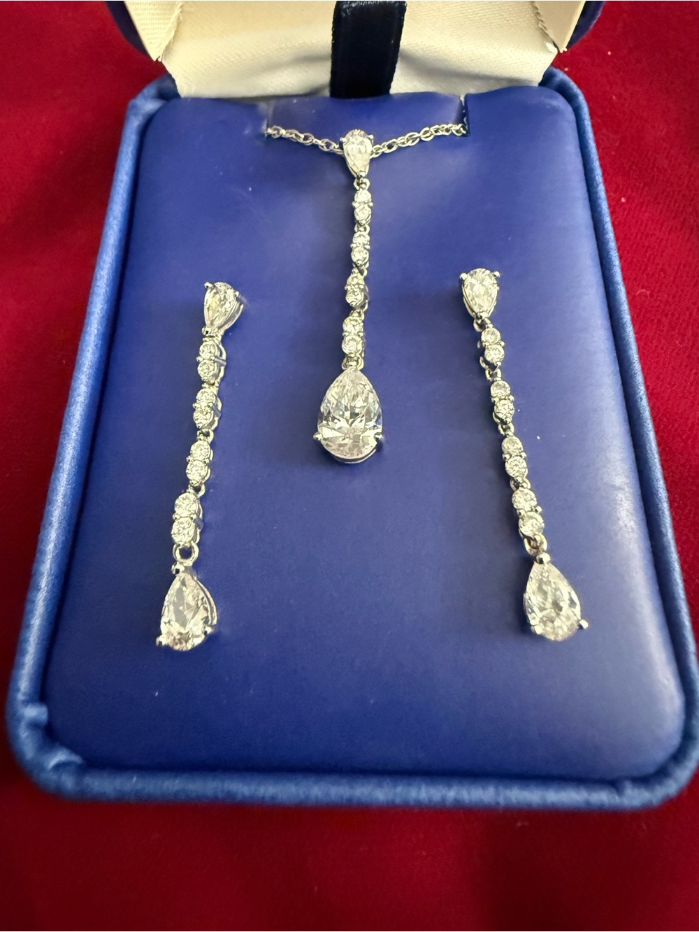 Sterling Silver Teardrop CZ Pendant and Drop Earrings Set - Silver (pierced)